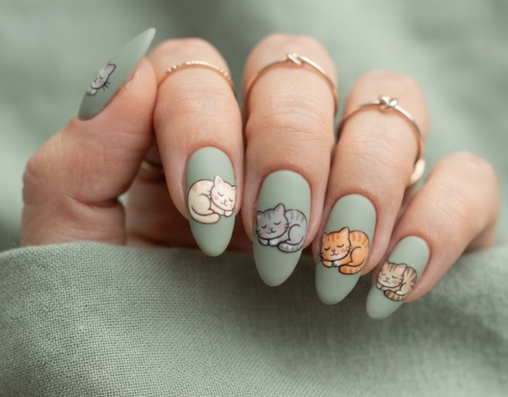In this image, sage green nails with sleeping cartoon cats