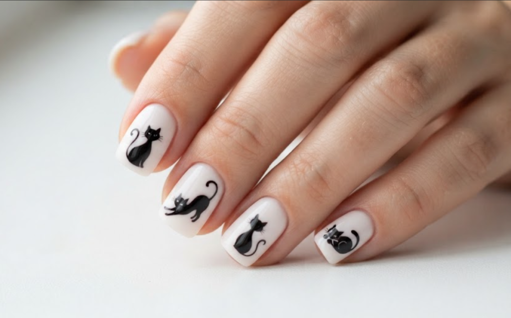 In this image, soft white nails with black cartoon cat silhouettes