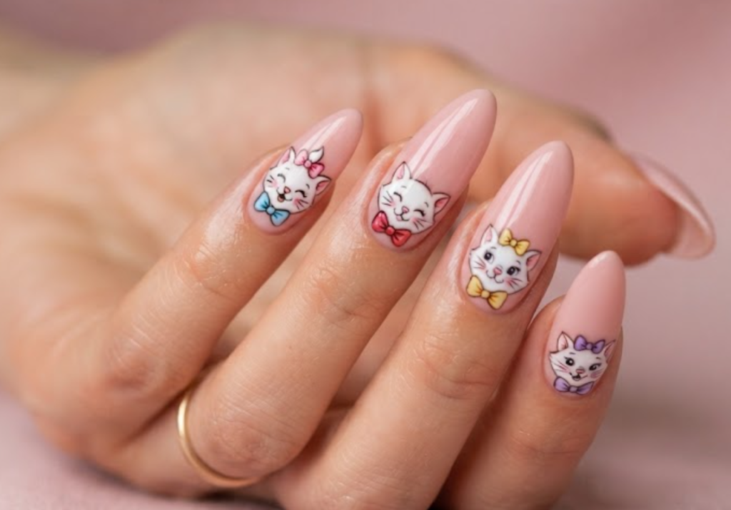 In this image, rose pink nails with cute cartoon cats and colorful bows