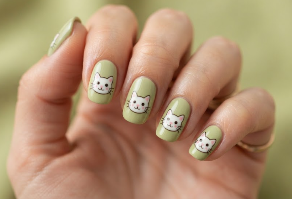 In this image, pistachio green nails with cartoon cat faces and whiskers