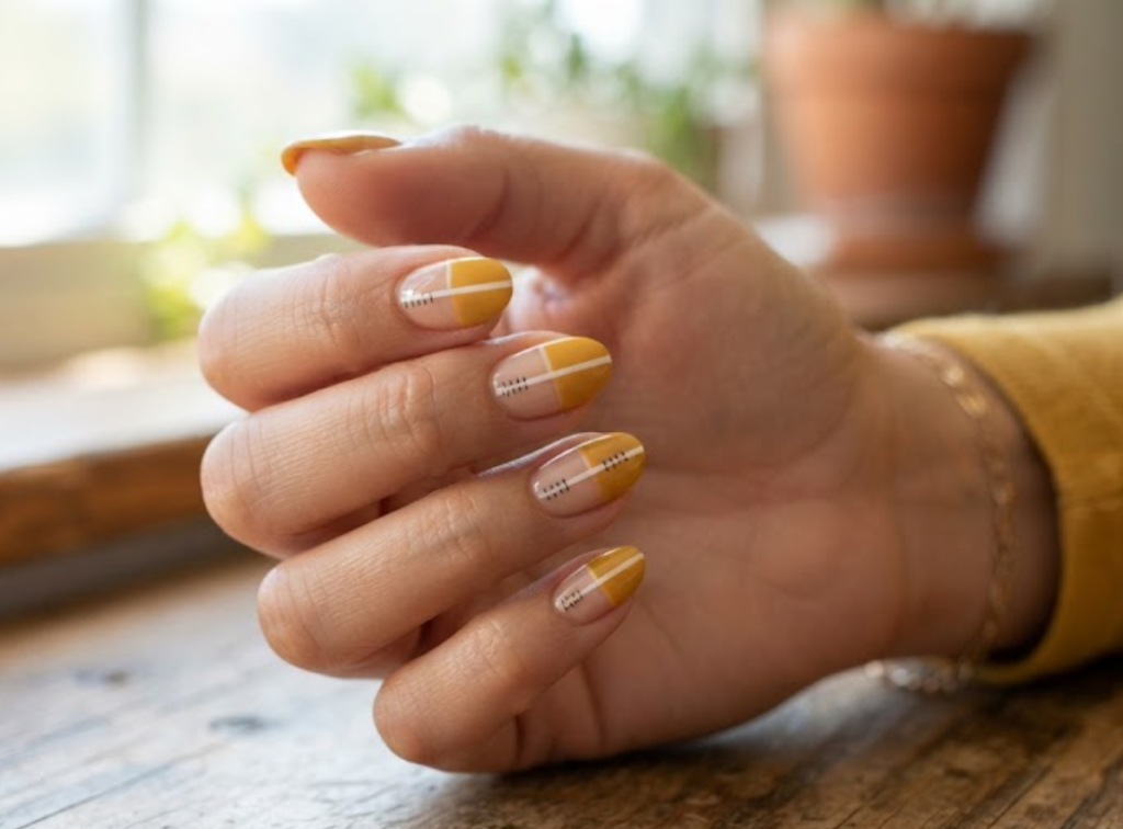 In this image, a woman's full hand shows mustard-nude split nails with pearl white dividing lines and black ticks, wearing a mustard shirt.