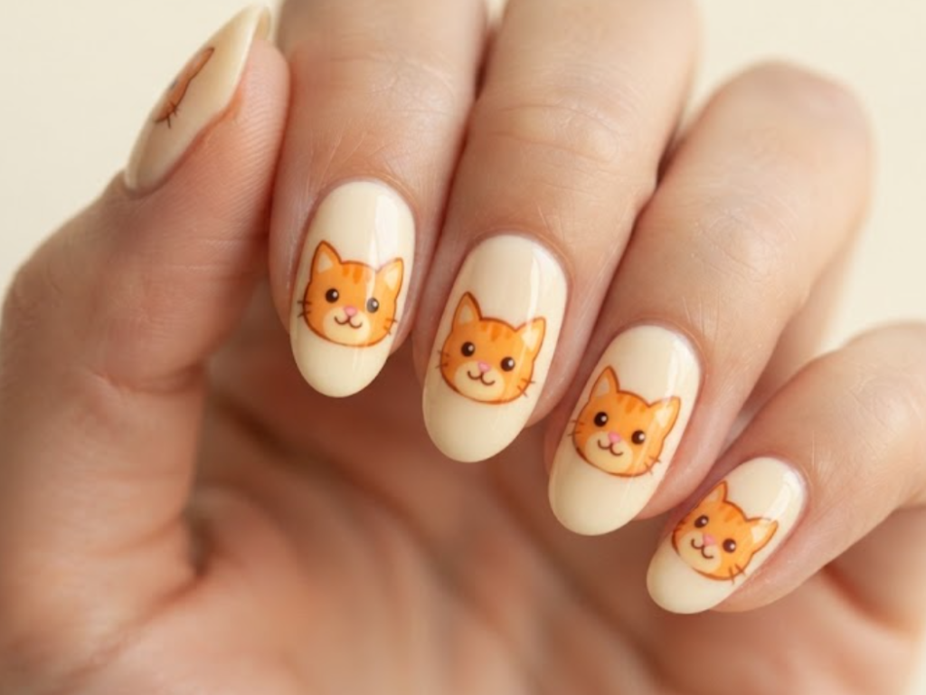 In this image, vanilla cream nails with adorable orange cartoon cat faces