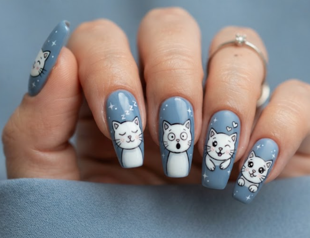 In this image, dusty blue nails with white cartoon kitty portraitse