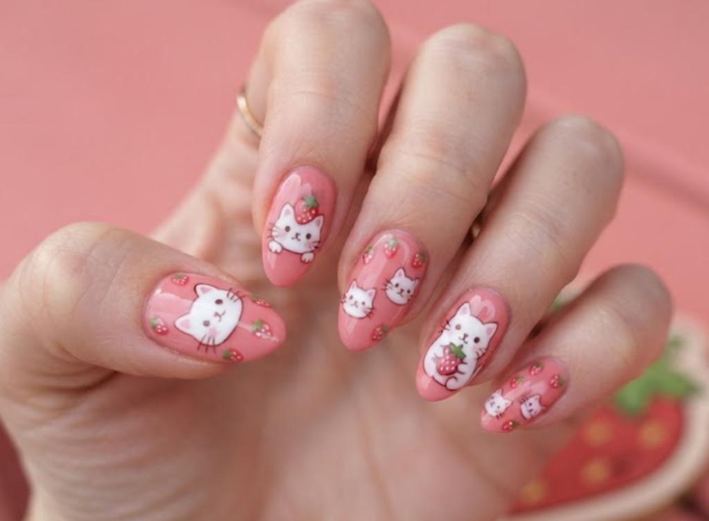 In this image, strawberry pink nails with white cartoon cats and strawberries