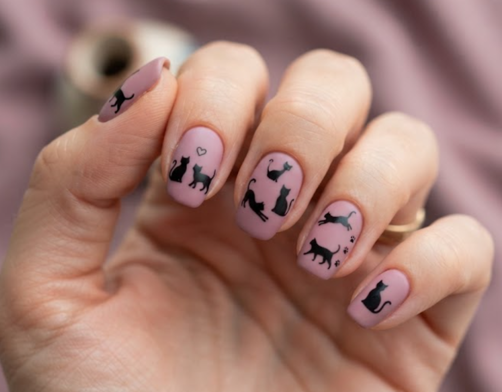 In this image, mauve nails with elegant black cartoon cat silhouettes