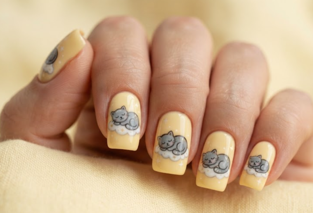 In this image, buttercream yellow nails with sleeping gray cartoon cats