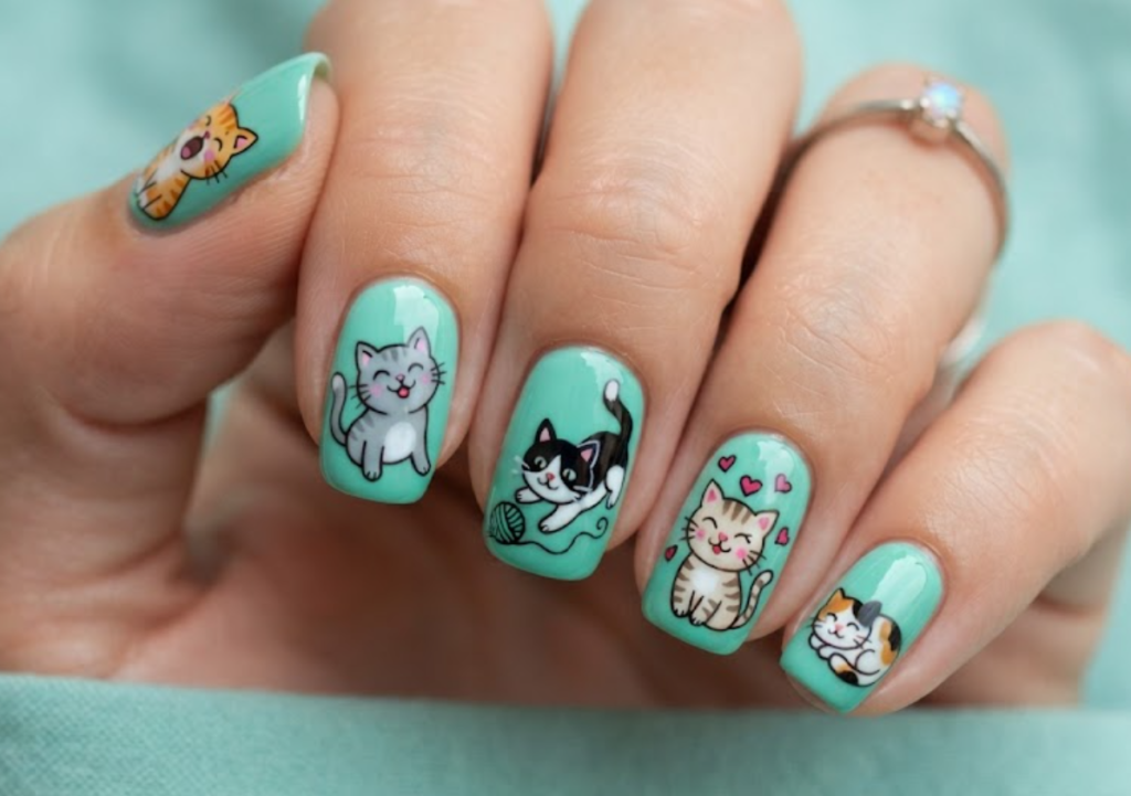 In this image, seafoam green nails with colorful cartoon cat designs