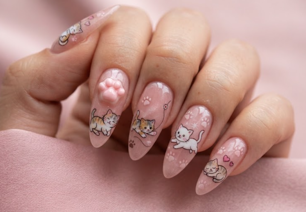 In this image, rose quartz pink nails with playful cartoon kittens and paw prints