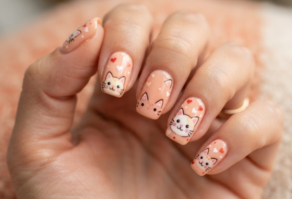 In this image, peach cream nails with cartoon cat faces and tiny hearts