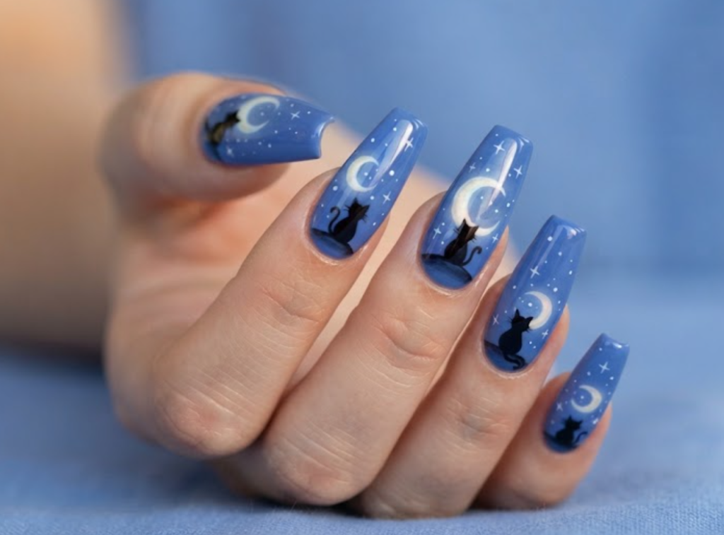In this image, cornflower blue nails with cartoon cats and glowing moons