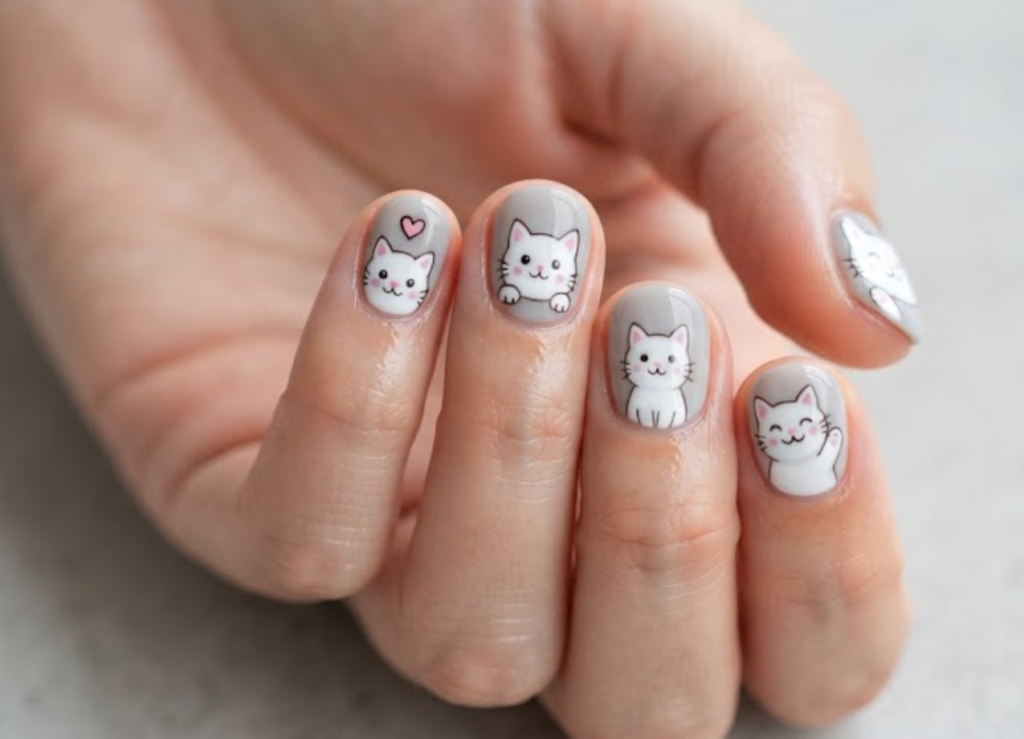 In this image, soft gray nails with white cartoon cats and pink ears