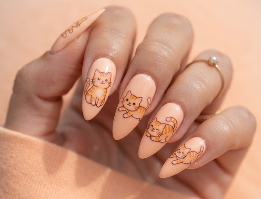 In this image, pastel orange nails with striped cartoon tabby cats