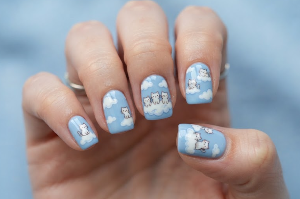 In this image, powder blue nails with white cartoon cats and fluffy clouds