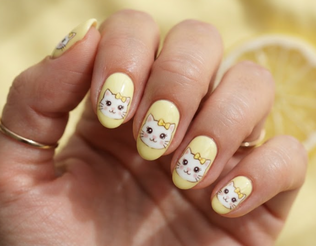 In this image, light lemon nails with white cartoon cat faces and yellow bows
