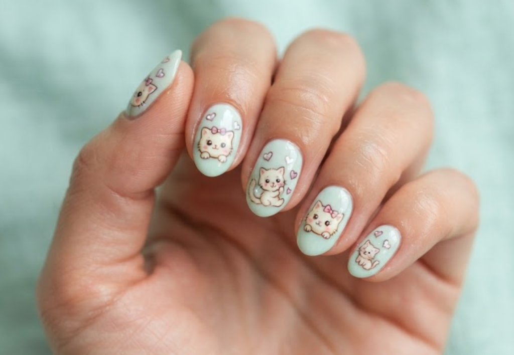 In this image, mint cream nails with pink-bowed cartoon kittens and hearts