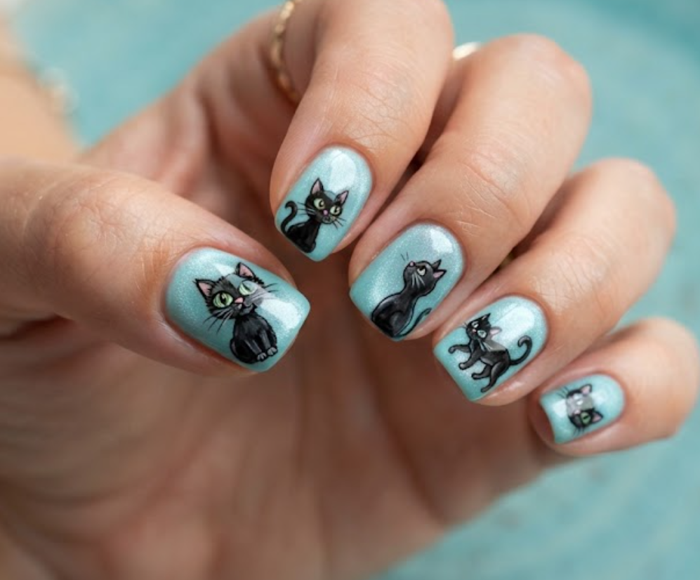 In this image, pale turquoise nails with black cartoon cats and detailed eyes