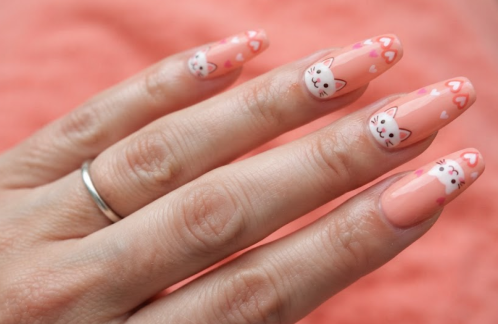 In this image, soft coral nails with cartoon cat faces and heart-shaped ears