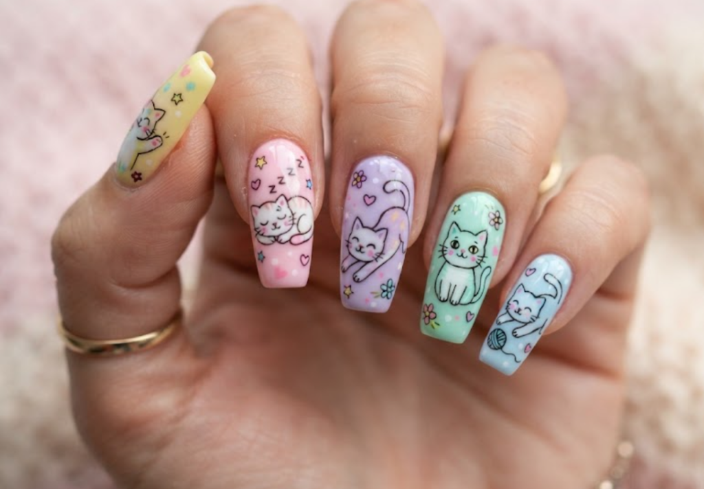 In this image, pastel rainbow nails with cute cartoon cats in different poses