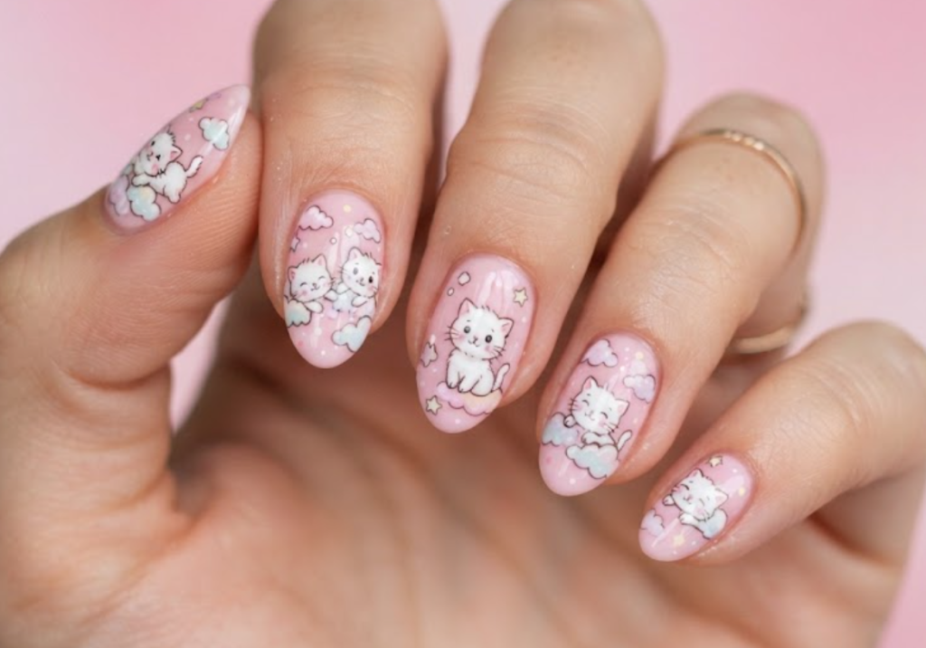 In this image, cotton candy pink nails with fluffy white cartoon kittens