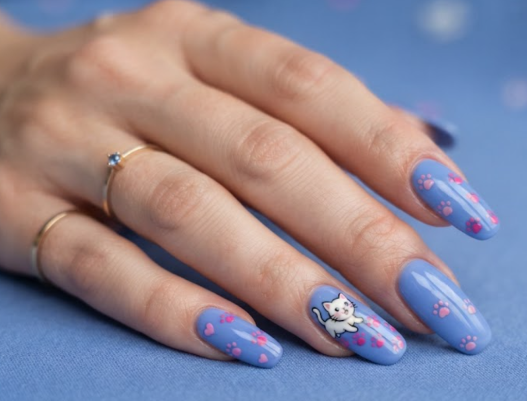 In this image, blueberry blue nails with a cartoon kitten and pink paw prints