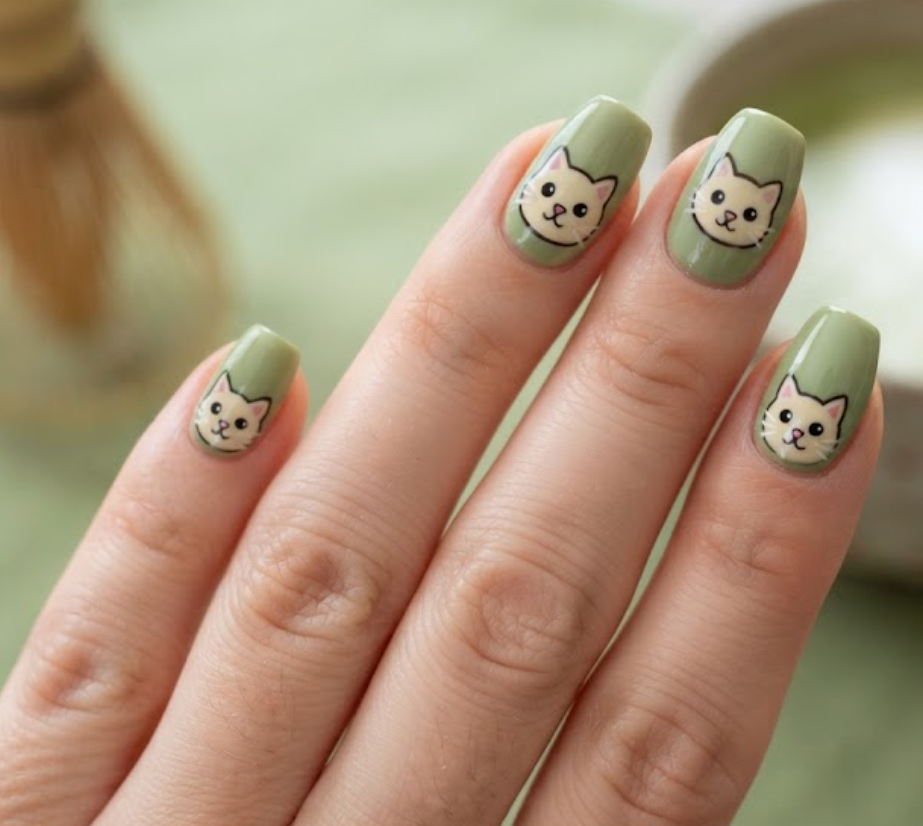 In this image, matcha green nails with cream-colored cartoon cat faces