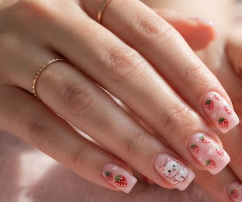 In this image, strawberry milk pink nails with white cartoon kittens and strawberries