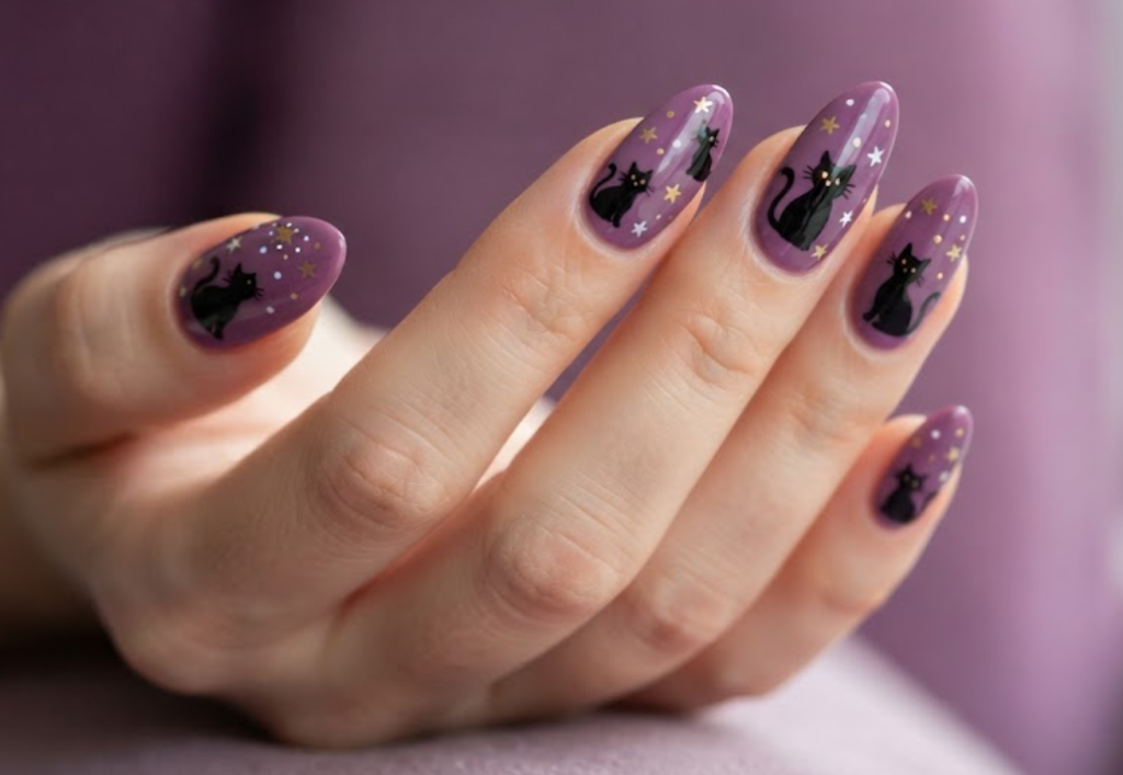 In this image, grape purple nails with black cartoon cats and tiny stars