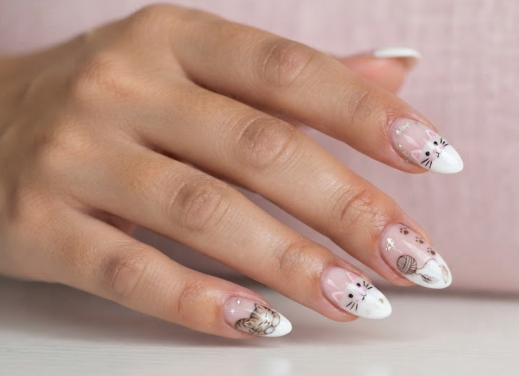 In this image, powder pink French tip nails with cute cartoon cat faces
