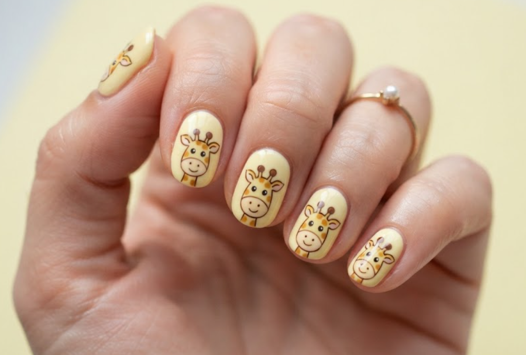 In this image, soft yellow nails with cute cartoon giraffe faces
