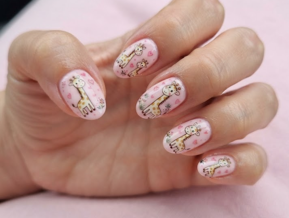 In this image, baby pink nails with adorable cartoon giraffes and hearts