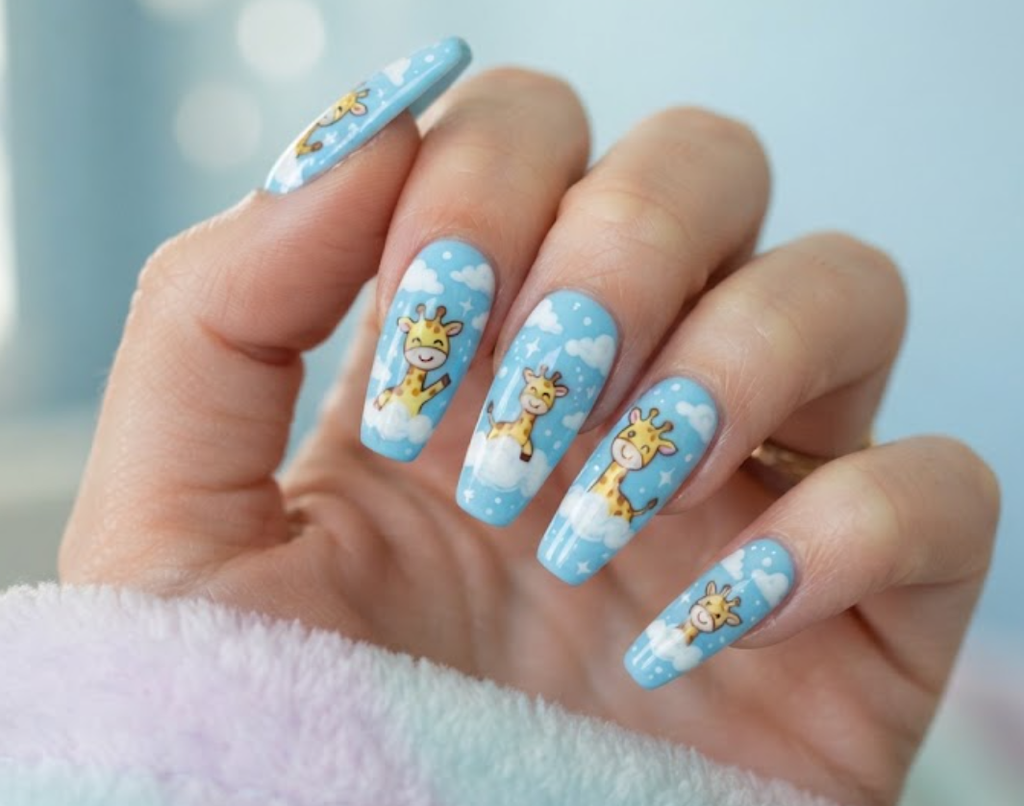 In this image, sky blue nails with cartoon giraffes and fluffy clouds