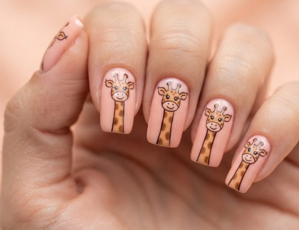 In this image, peach nails with long cartoon giraffe necks and faces