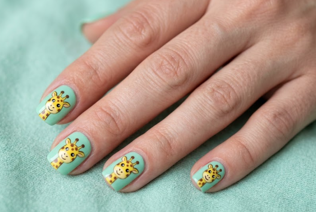 In this image, mint green nails with yellow and brown cartoon giraffe faces