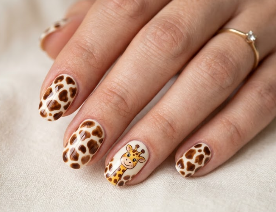 In this image, cream nails with giraffe spots and a cute cartoon giraffe