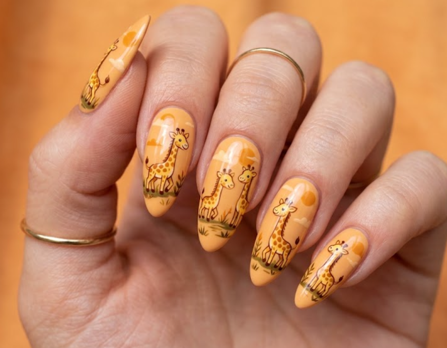 In this image, orange nails with cartoon giraffes and a sunset