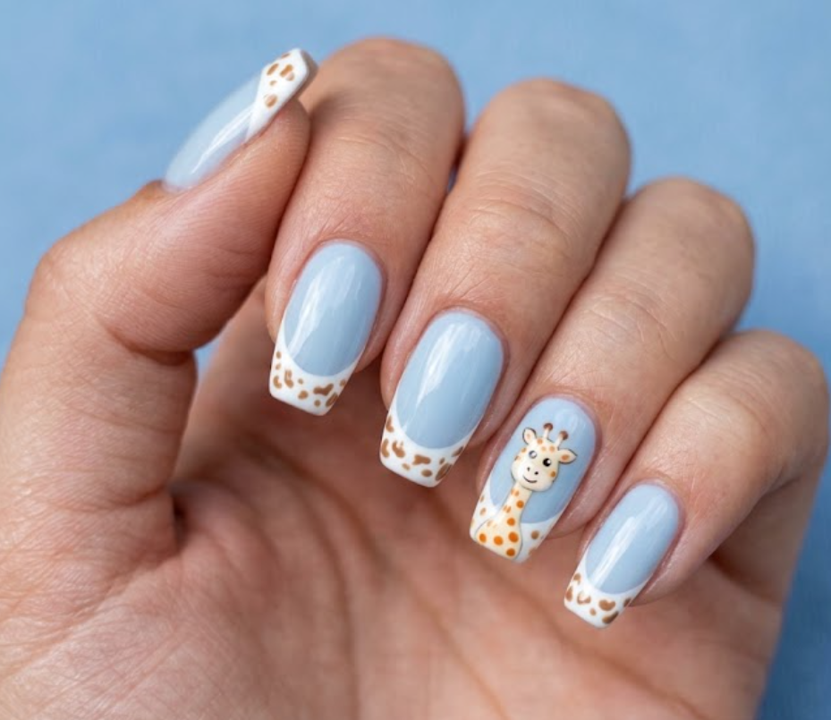 In this image, baby blue French tip nails with tiny cartoon giraffes
