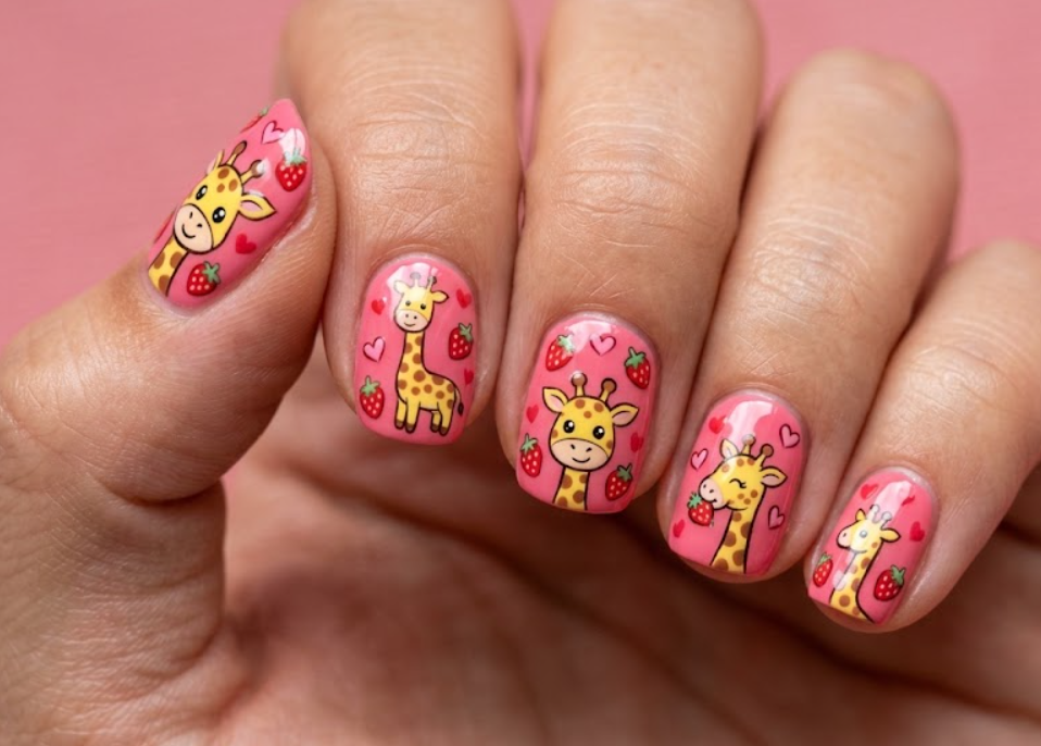 In this image, strawberry pink nails with cartoon giraffes, strawberries, and hearts