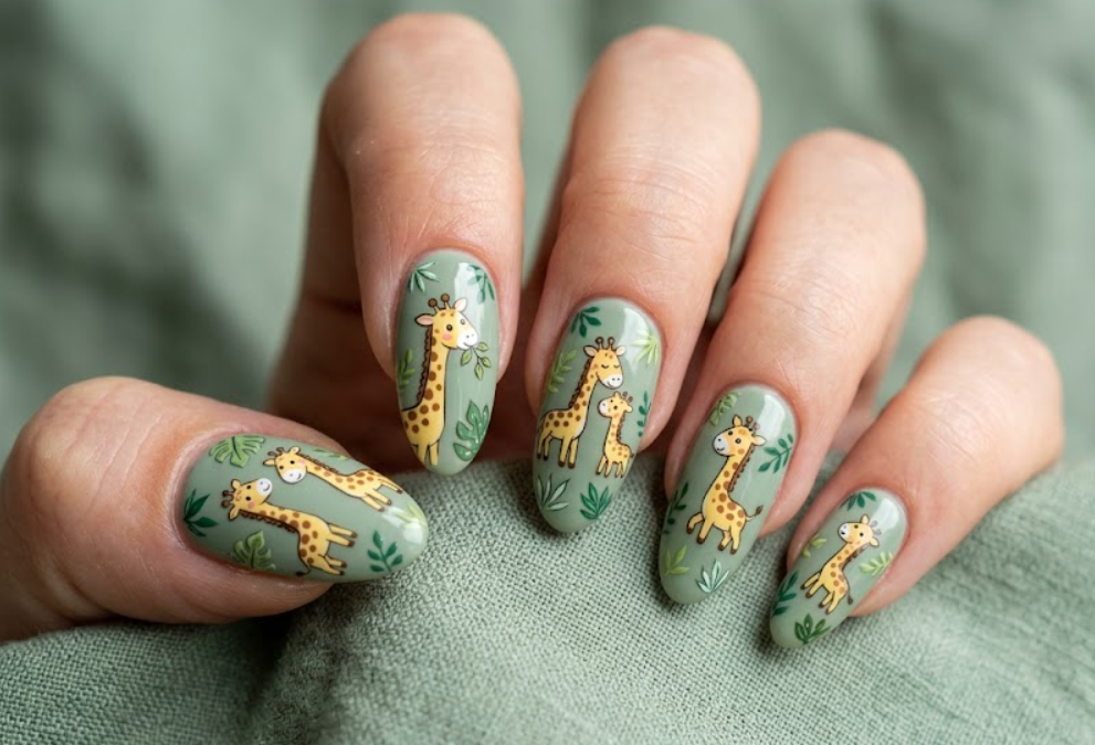 In this image, sage green safari nails with full cartoon giraffes and leaves