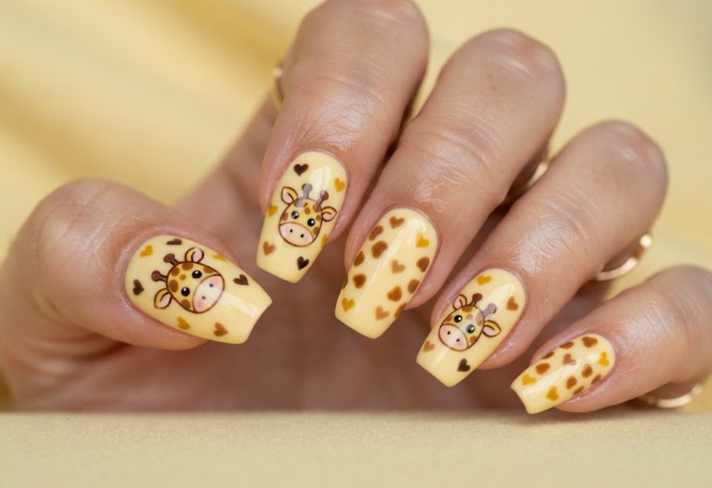 In this image, butter yellow nails with cartoon giraffe faces and hearts