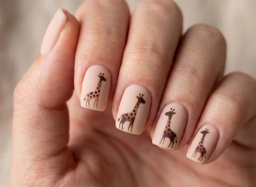 In this image, nude nails with elegant cartoon giraffe silhouettes