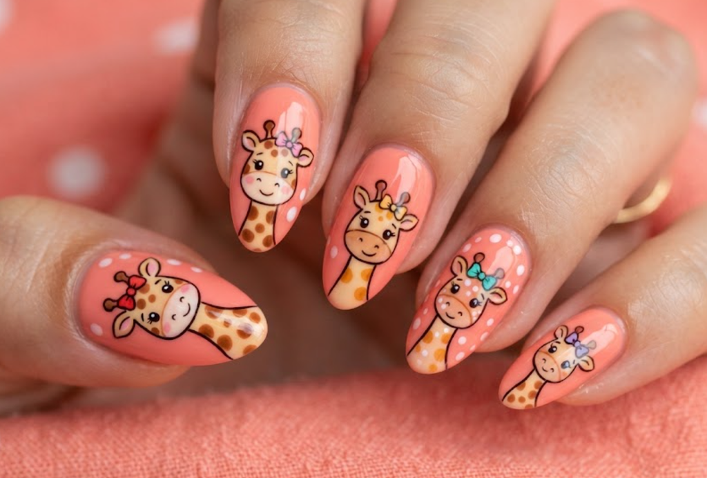 In this image, coral nails with cute cartoon giraffes wearing tiny bows