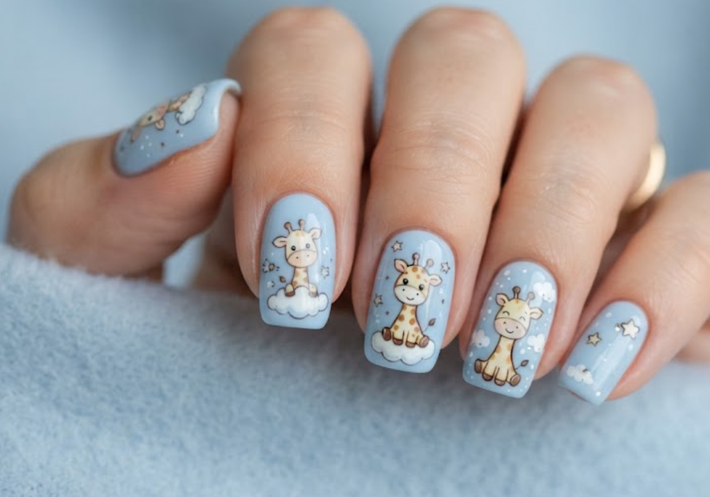 In this image, powder blue nails with adorable baby cartoon giraffes and clouds