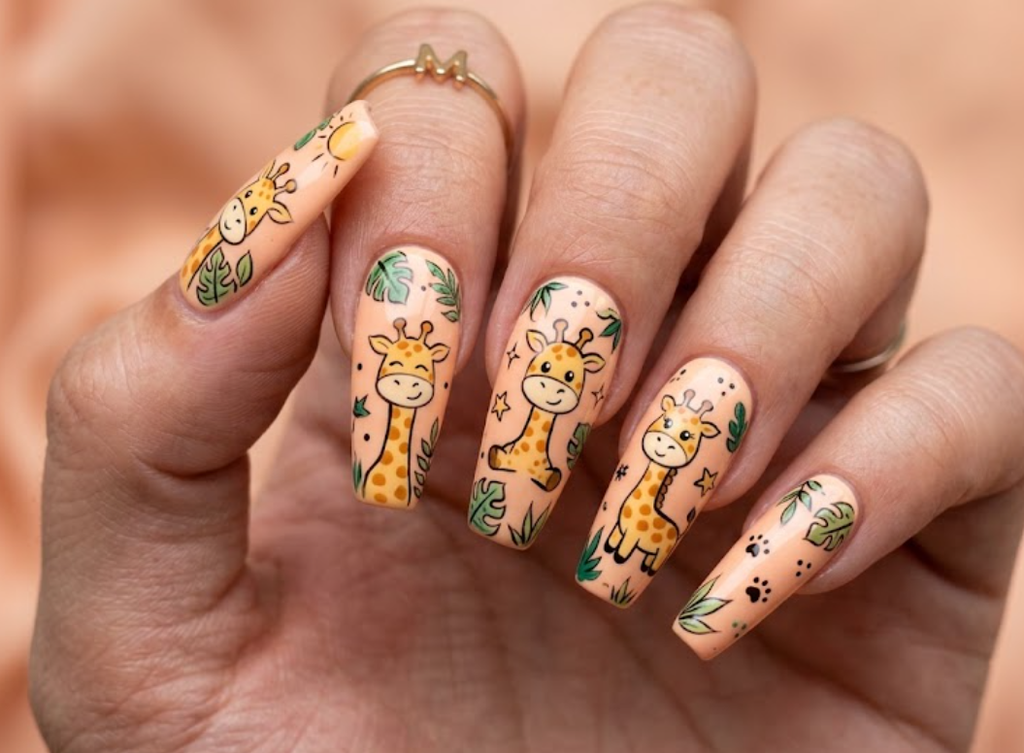 In this image, peach safari nails with cartoon giraffes and leaves
