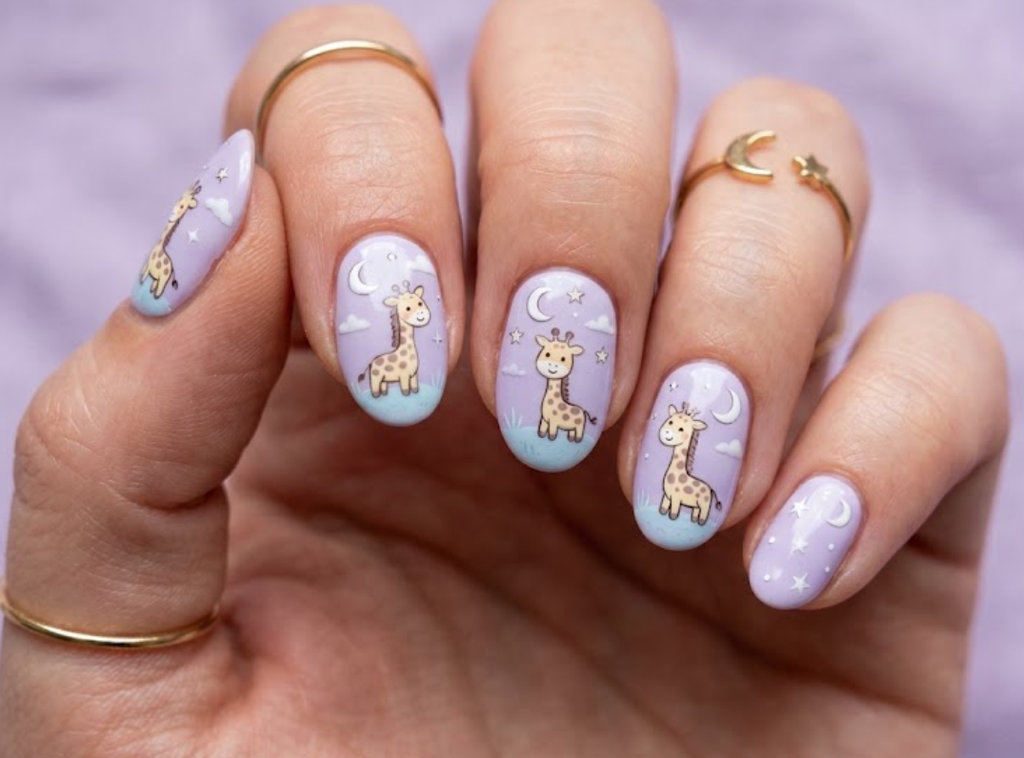In this image, lilac nails with cartoon giraffes, moons, and stars