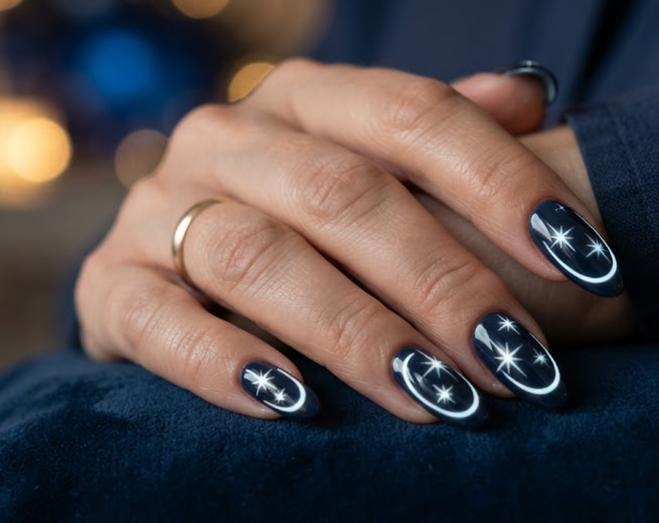 In this image, a woman's full hand displays midnight blue nails with white starburst lines and curved arch tips, wearing a blue shirt.
