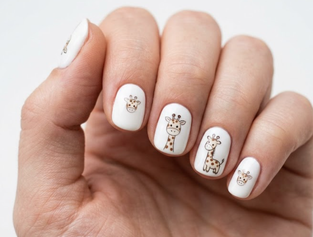 In this image, white nails with minimalist cartoon giraffes and brown spots