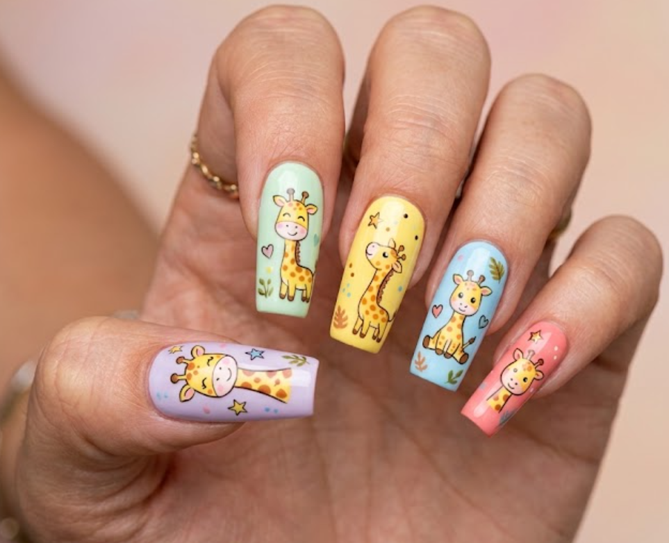 In this image, white nails with minimalist cartoon giraffes and brown spots