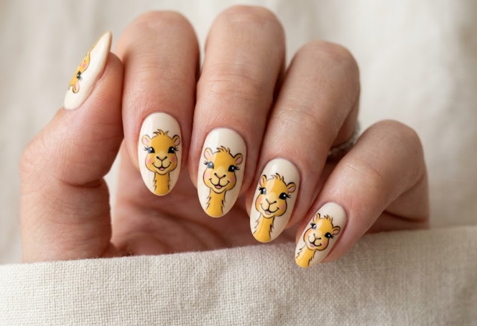 In this image, cream nails with a cute golden cartoon camel face