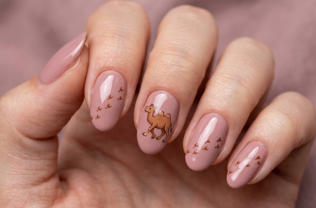 In this image, dusty rose nails with a cinnamon cartoon camel walking