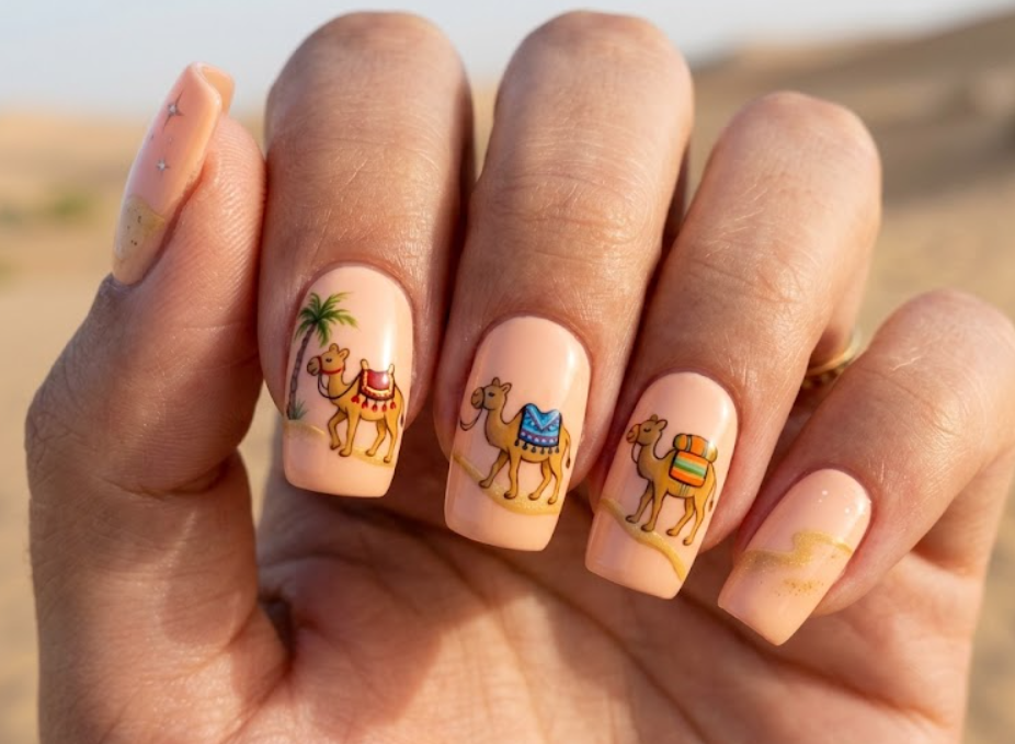 In this image, peach nails with caramel cartoon camels in a caravan